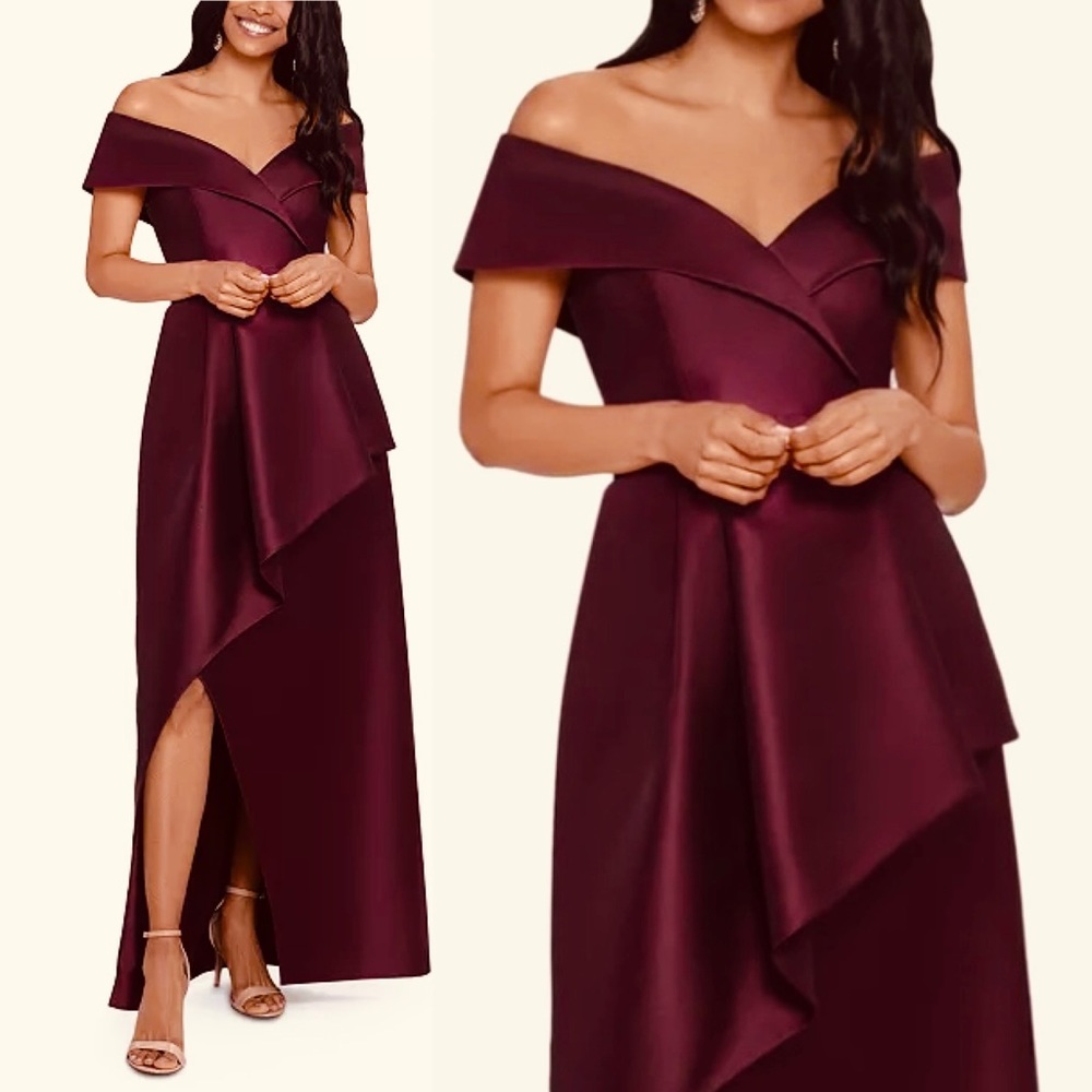 Burgundy XSCAPE
shoulder-baring  off shoulder gown dress 
Size 14